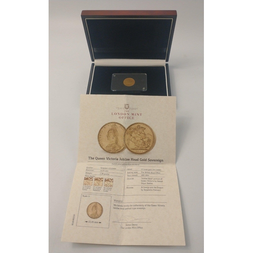 69 - From the London Mint Office a slabbed 1889 Queen Victoria Jubilee Head gold sovereign in presentatio... 