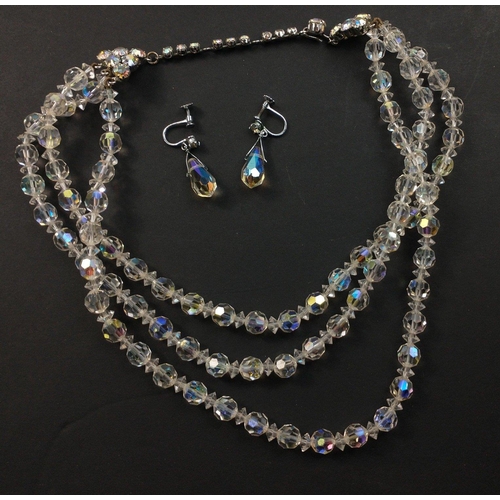 91 - VINTAGE! A triple strand crystal bead necklace (approx 40cm long) with matching drop earrings#91