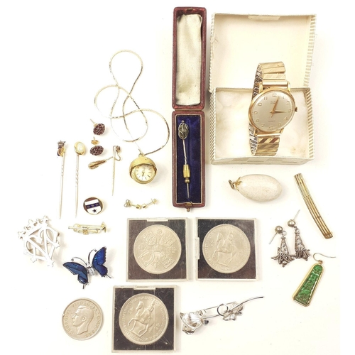 94 - A collection of bijouterie to include gent's plated watch, a pretty ladies ball watch on chain, plat... 