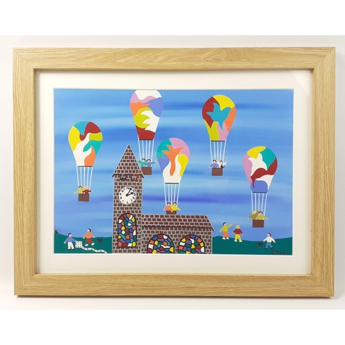 335 - An original Gordon Barker (English Naïve school) acrylic on paper of a hot air balloon scene. Frame ... 