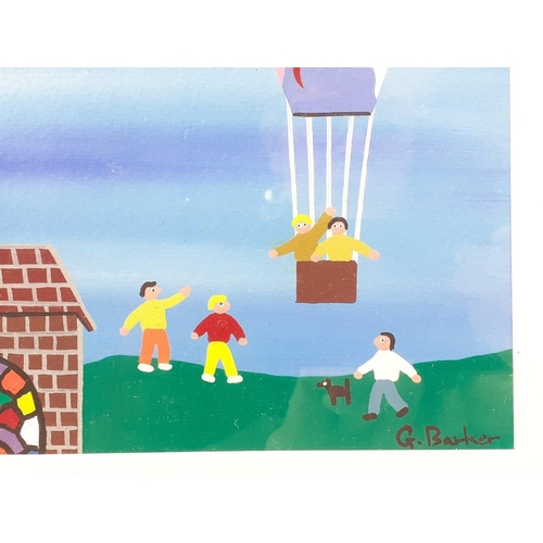 335 - An original Gordon Barker (English Naïve school) acrylic on paper of a hot air balloon scene. Frame ... 