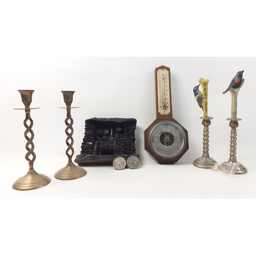 592 - Mixed lot to include brass candlesticks, pewter candlesticks, carved coal sculpture of a fireplace a... 