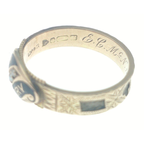 6 - An early 20th century Chester hallmarked mourning ring, set with 3 very small seed pearls and inset ... 