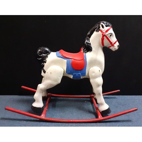 251 - C1950s vintage lovely old metal children's rocking horse H80xL100cm approx, missing one handle grip.... 