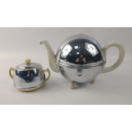 273 - A vintage white FELTO LINE ceramic teapot with infuser and chrome plate case with also a KENTMASTER ... 