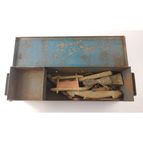 552 - A vintage metal tool box with double handle and great patina W60xD16xH15cm approx#179