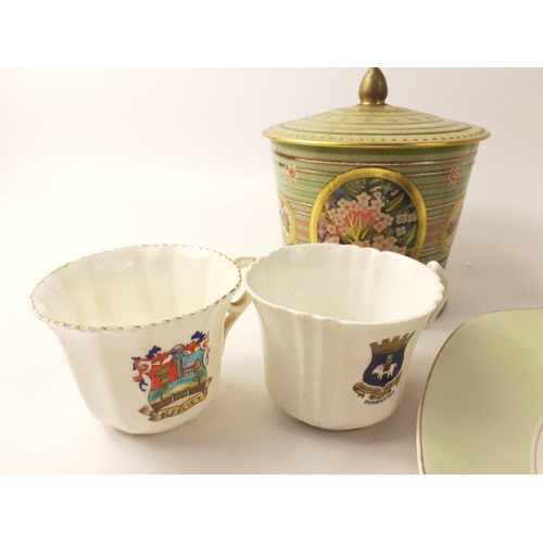 586 - A mixed lot to include a CROWN VELLUM ginger jar, STYLECRAFT plate, tin biscuit tin, SOOTY concessio... 