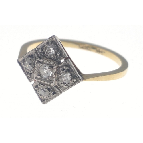 11 - A rather lovely 18ct gold and platinum five diamond ring (diamonds tested), centre stone 2mm, others... 