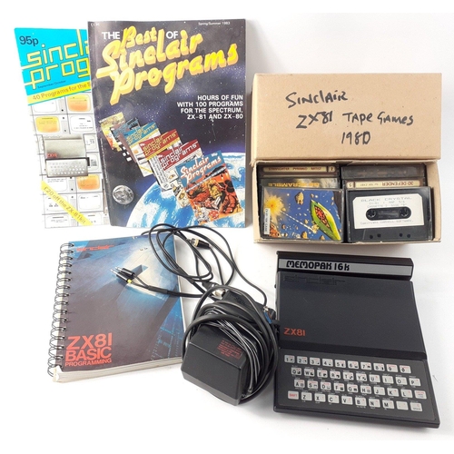 A Sinclair ZX81 console with memopak 16k power cable - a selection