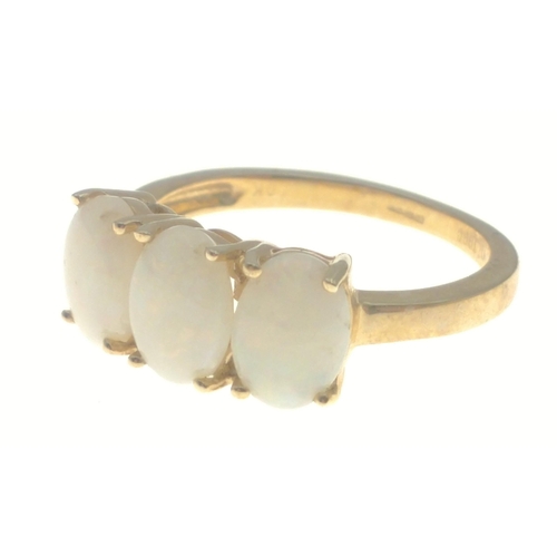 12 - A gold ring with a TGGC 9K stamp and full hallmarks with 3 pretty opals, size K, gross weight 2.05g ... 