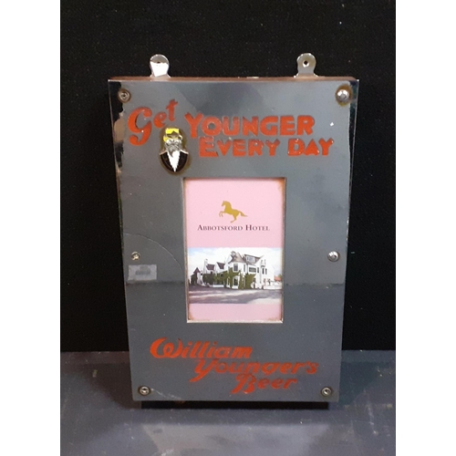 148 - An original WILIAM YOUNGER  hotel/pub advertising menu holder in heavy chrome 48x30cm approx#149