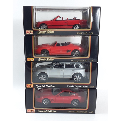 161 - Four special edition MAISTO 1:18 scale diecast models to include a PORSCHE CAYENNE TURBO,  MUSTANG M... 