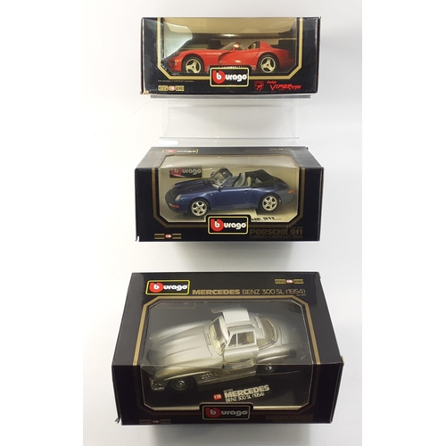 166 - Three boxed BURAGO 1:18 scale models of a MERCEDES BENZ 300Sl (1954), a DODGE VIPER RT/10, and  a PO... 