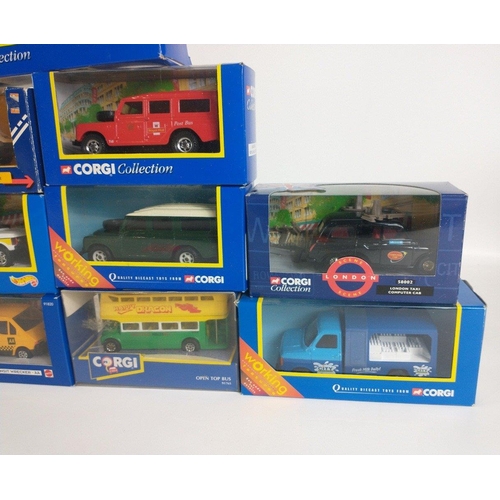 181 - A collection of CORGI diecast commercial vehicles in boxes to include buses, milk float, taxis, Roya... 