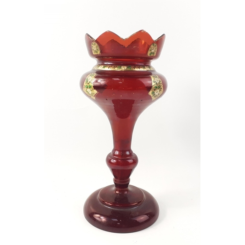 206 - A Bohemian ruby red glass vase with gilt highlights, stands 30cm high approx#207