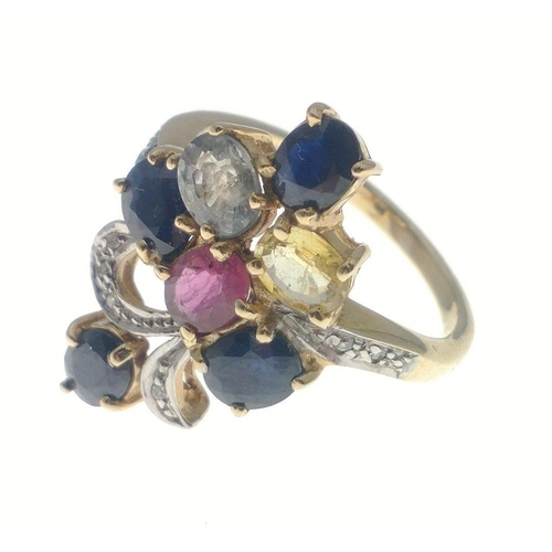 27 - A 9ct gold ring set with coloured stones attractively mounted, size M, gross weight 3.65g approx#27... 