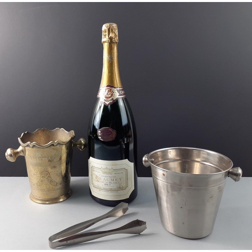 57 - A large empty BEAUMET CHAMPAGNE blanc de blanc magnum bottle with 2 ice buckets and tongs one being ... 