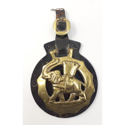 62 - An ANTIQUE large ELEPHANT CASTLE wall brass mounted on leather - dimensions 11cm height x 13cm wide ... 