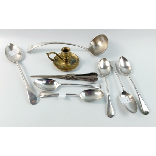70 - A selection of EP flatware to include glove stretchers, Walker & Hall ladle, a small brass candl... 