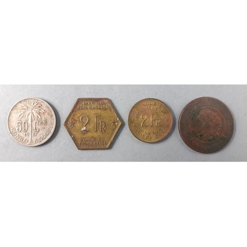 74 - Coins of interest to include a 1899 Russian 3 kopek, and 3 coins of the Belgian Congo#74