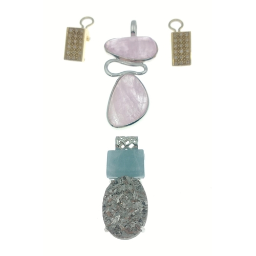 92 - A large 925 double pink hard stone pendant, 50mm long (crack to top stone) and also a 925 hard stone... 