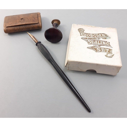 109 - A very collectable New Georgian Sealing set with original candle, stamps and sealing wax, walnut nib... 