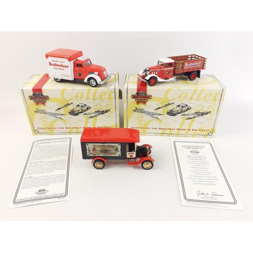 158 - Three MATCHBOX models YVT01, 02 and 03 BUDWEISER trucks.  New in box.#181