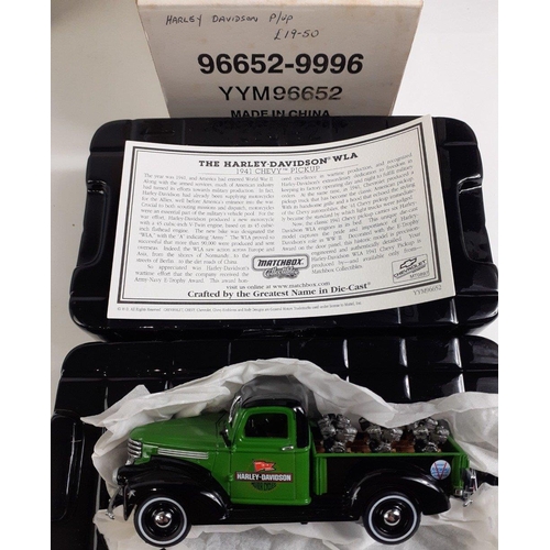 188 - A mixed box of collectible models to include a MATCHBOX YYM96652 Harley Davidson,  a MATCHBOX YRS06-... 