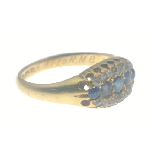 3 - An 18ct stamped diamond (tested) yellow gold ring set with multi-chips and 5 sapphire stones - ring ... 