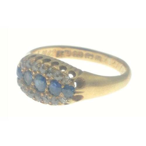 3 - An 18ct stamped diamond (tested) yellow gold ring set with multi-chips and 5 sapphire stones - ring ... 