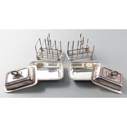 44 - Two small EP toast racks stamped WILSON & SHARP Edinburgh, plus 2 small  EP butter dishes, one s... 