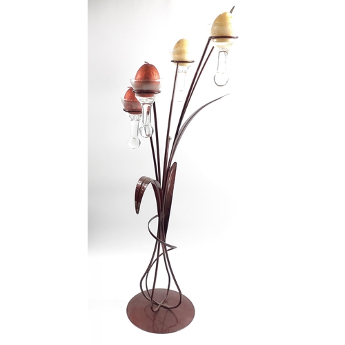 490 - A stylish burgundy metal leaf design candle stand with 4 glass candle holders, stands 94cm tall appr... 