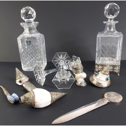 549 - A mixed lot to include a decanter with silver-plated base plus one more decanter, a silver plate pap... 