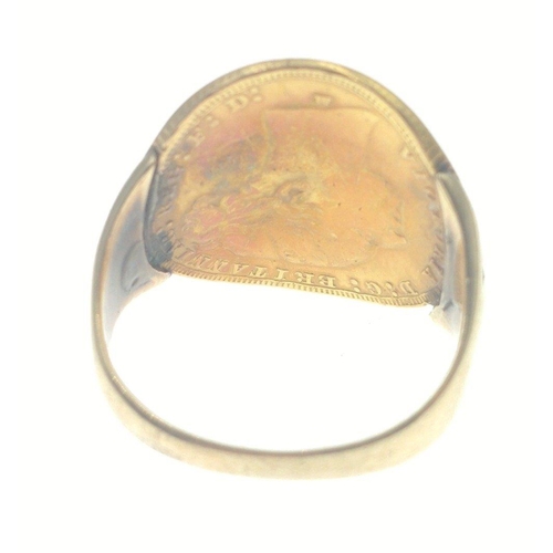 7B - A worn 22ct Victorian sovereign ring with a worn 9ct (jeweller tested) indistinct stamp to the shank... 