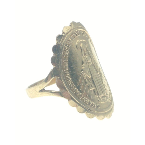 7C - A 375 fully hallmarked gold ring with a religious theme. Size L Gross weight 3.1g approx.#13