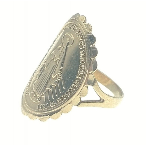 7C - A 375 fully hallmarked gold ring with a religious theme. Size L Gross weight 3.1g approx.#13