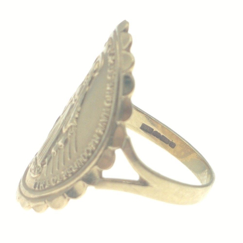 7C - A 375 fully hallmarked gold ring with a religious theme. Size L Gross weight 3.1g approx.#13