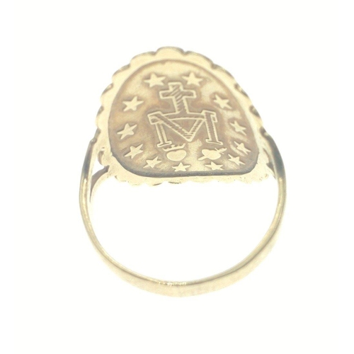 7C - A 375 fully hallmarked gold ring with a religious theme. Size L Gross weight 3.1g approx.#13