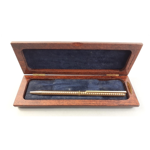 104A - Gold plated St Dupont of Paris ball point pen in wooden presentation case. Clip engraved with 