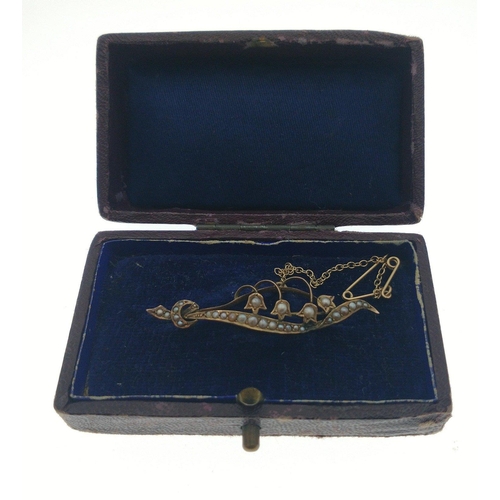 12 - A VINTAGE 9ct gold bar brooch with seed pearls. Pin intact and complete with safety pin and box.  A ... 