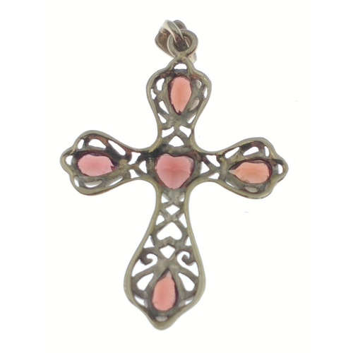 16 - A 375 marked cruciform pendant, with 5 deep red garnet stones, 30mm approx, gross weight 2.3g approx... 