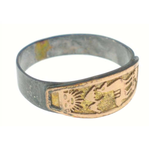 5 - A metal ring stamped 950 and 18k with applied Egyptian scene, size P, weight 2.3g approx#5