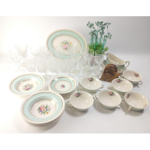 547 - A mixed box to include a part dinner set comprising 6 side plates, 6 twin handled soup bowls and sau... 