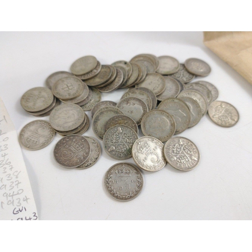 55 - A quantity of pre 1947 silver sixpences minimum 0.500 silver content, weight 81.5g approx#55