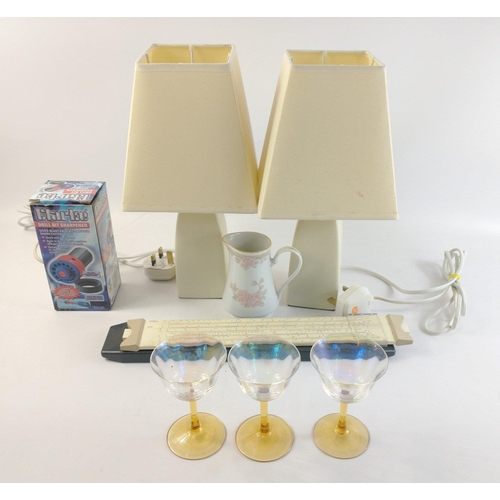 550 - A mixed lot to include a pair of cream bedside table lamps 32cm, a cased slide rule, drill bit sharp... 