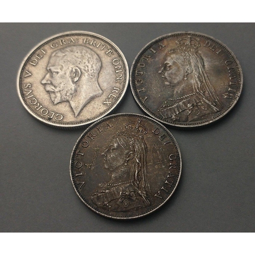 58 - Three UK silver coins of interest to include 1912 half crown, 1887 florin, 1887 half crown. All with... 