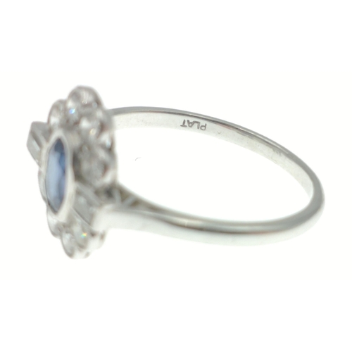 10 - A DAZZLING SAPPHIRE (6mm length) & DIAMOND (2mm diameter) PLAT stamped ladies ring in floral for... 