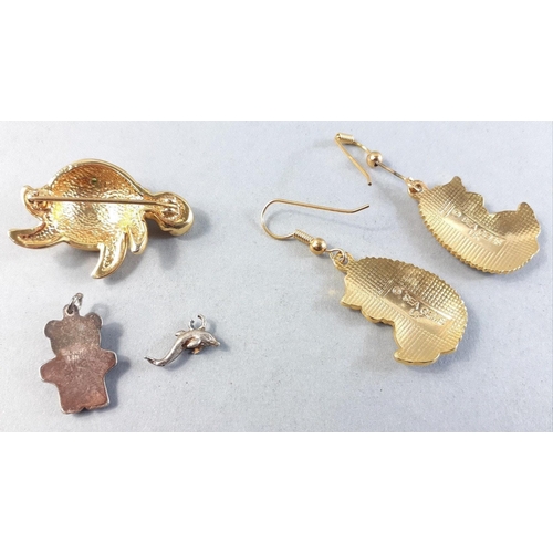 112 - A pair of costume HEDGEHOG earrings with a small BLING TURTLE brooch and lastly a small SILVER stamp... 