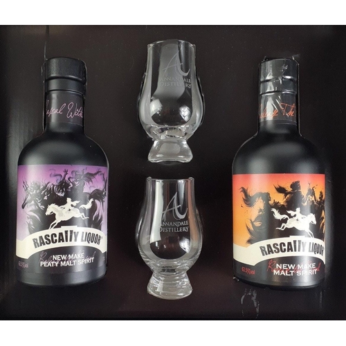 111 - An ANNANDALE Release the Rascally gift set comprising 20cl unpeated and a 20cl peated new make malt ... 