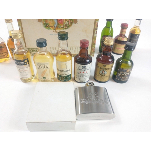 117 - A Churchill cigar box with contents of miniatures to include The Royal Mile, Black Bottle, Glenfiddi... 